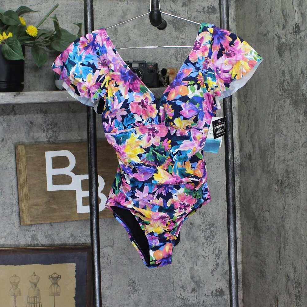 Swim Solutions Garden Dreams Flutter-Sleeve One-Piece Swimsuit Navy Blue Multi 8